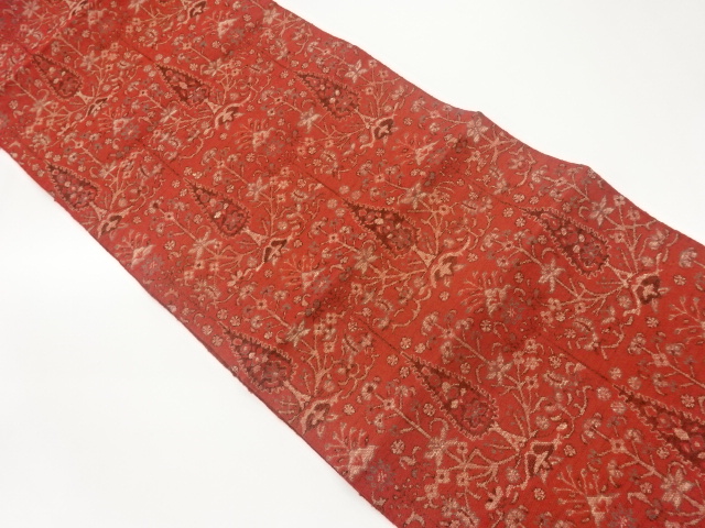 手織り紬木々に草花模様織出し名古屋帯